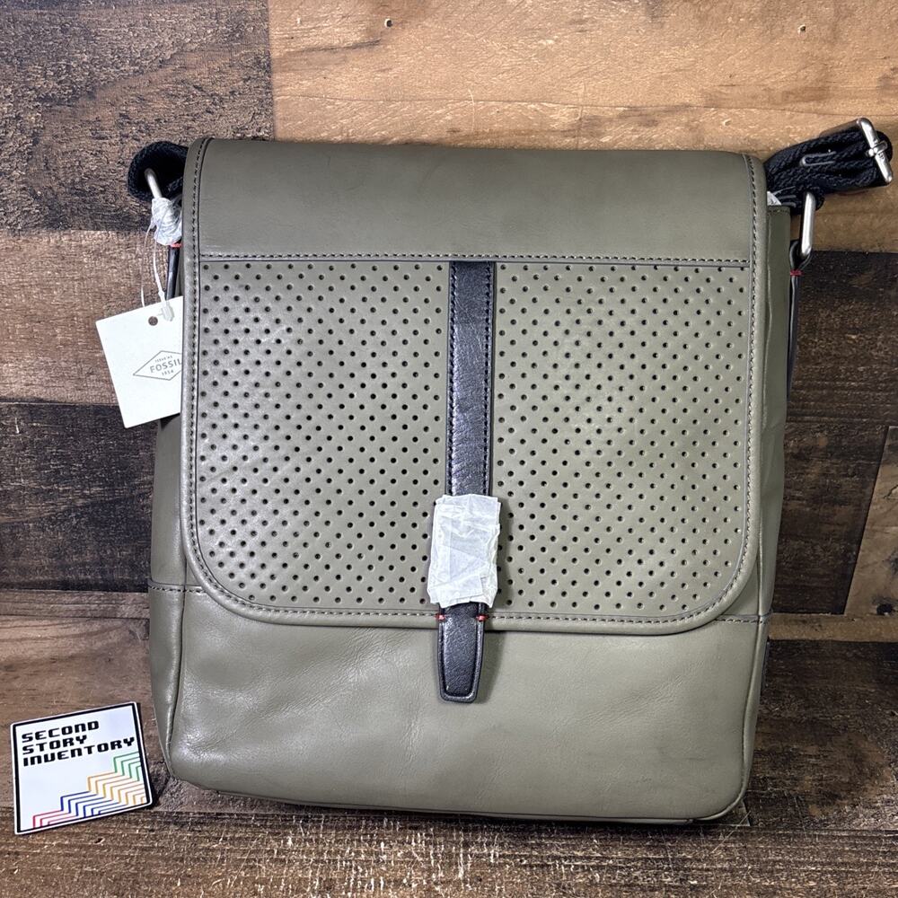 NEW FOSSIL Evan Leather City Bag Mens Satchel Shoulder Bag Olive NWT